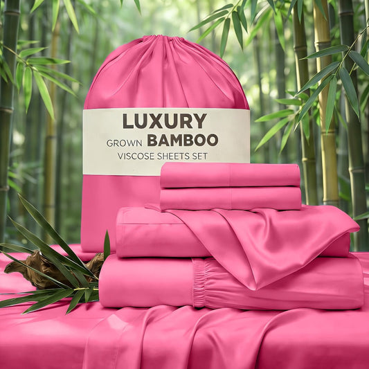 Bed Sheet Set 4-Piece Bamboo-Derived Rayon with Deep-Pocket Fitted Sheet in Twin, Full, Queen and King Sizes