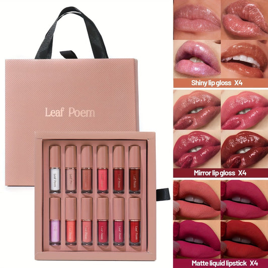 12-Piece Velvet Matte Lipstick Set Mirror Finish Long-Lasting Waterproof High Pigment — Smooth Paste Multi-Shade Lip Makeup Transfer-Resistant All-Day Wear Holiday Gift Set Women