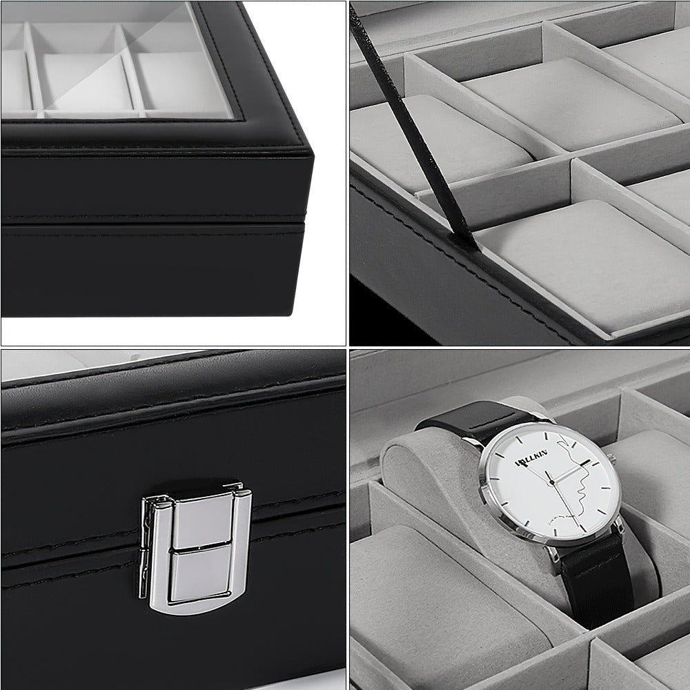 Black and Gray 12-Slot Watch Box with Glass Display Lid, Removable Pillows and Metal Clasp