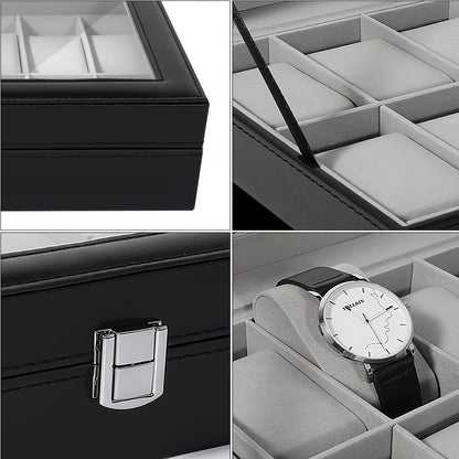 Black and Gray 12-Slot Watch Box with Glass Display Lid, Removable Pillows and Metal Clasp