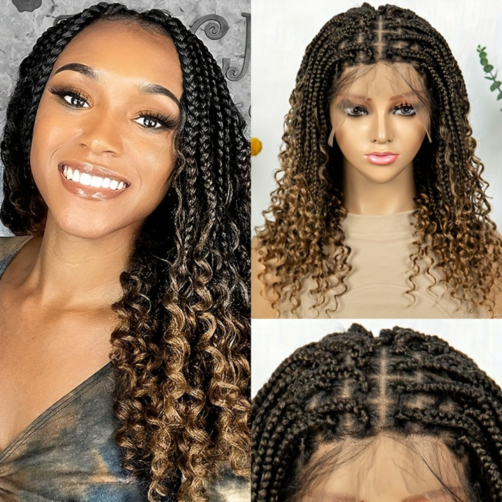 Goddess Braided Wig Knotless Bohemian Square Braid Full Lace Curly Wave 14-16 Inch Black Burgundy Brown Natural Hairline Protective Style Synthetic Wig for Women