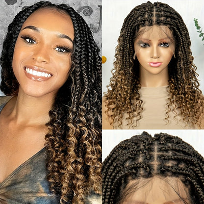 Goddess Braided Wig Knotless Bohemian Square Braid Full Lace Curly Wave 14-16 Inch Black Burgundy Brown Natural Hairline Protective Style Synthetic Wig for Women