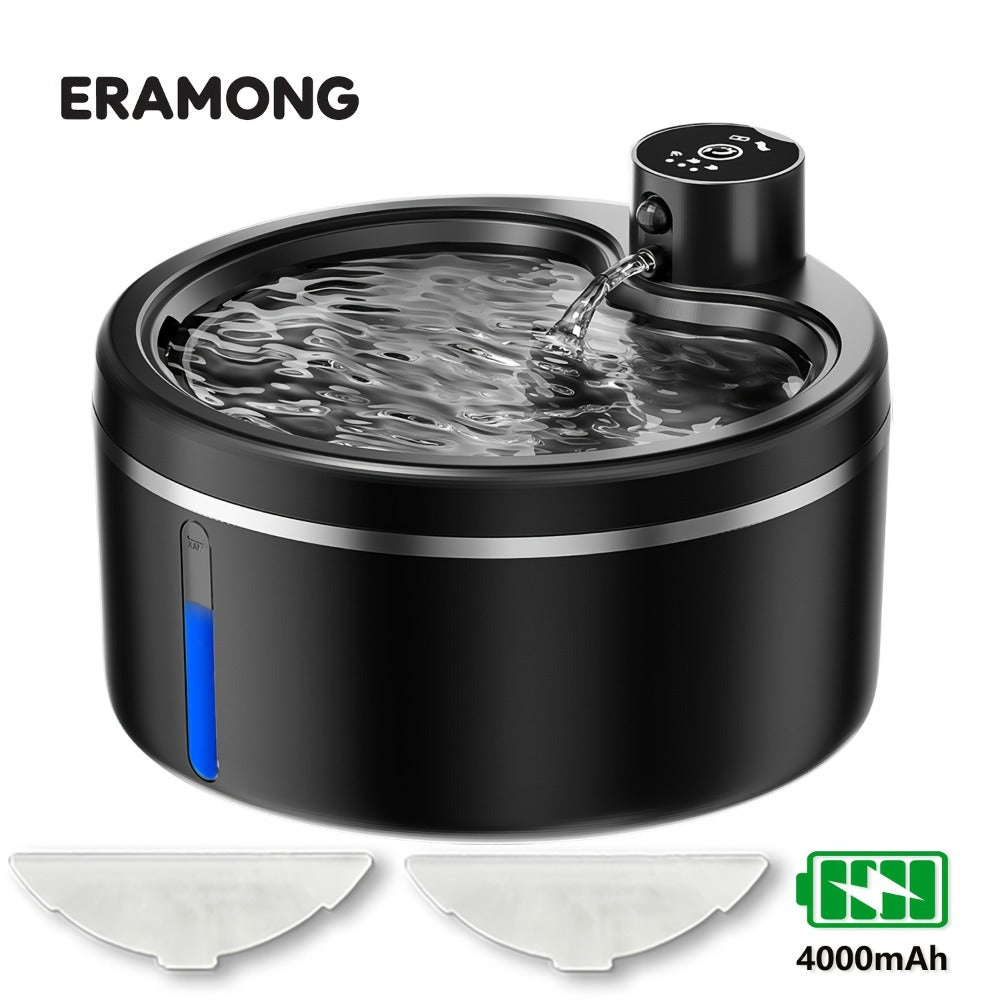 2.5L Cordless Pet Water Fountain with Black Stainless-Steel-Marked Basin, 4000mAh Battery and Water Window