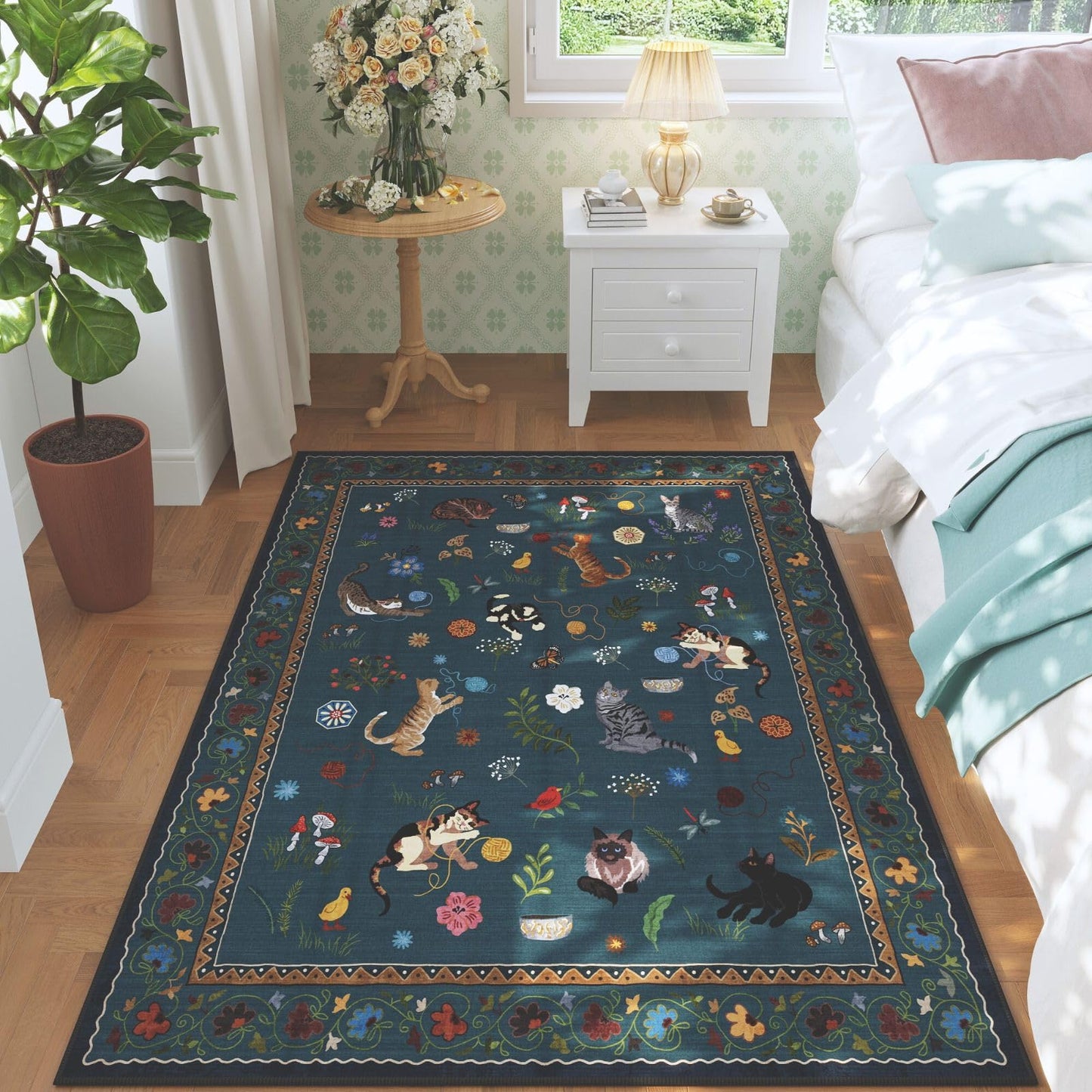 Area Rug, Vintage Blue Cat and Floral Low-Pile Carpet in Rectangle, Runner and Round Size Options