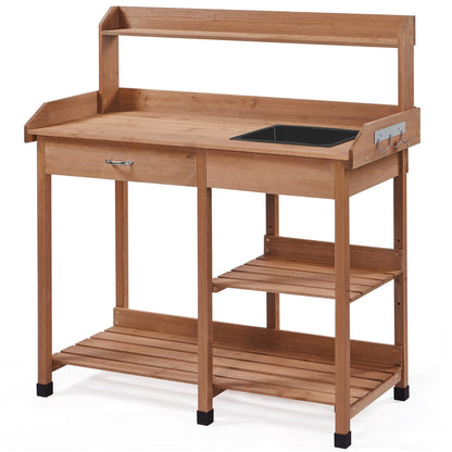 Four-Tier Garden Potting Bench with Removable Sink, Drawer, Adjustable Shelf and Three Side Hooks