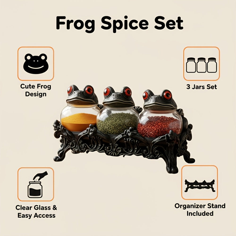 Gothic Witch Frog Spice Jars Set of 3 with Engraved Bases & Spoon, Vintage Pharmacist Jars with Frog Lids for Dark Kitchen Decor