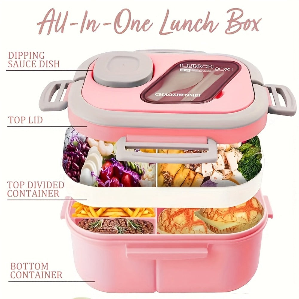 Two-Layer Bento Box Set with Multiple Compartments, Cup, Carry Bag, Cutlery and Sauce Container