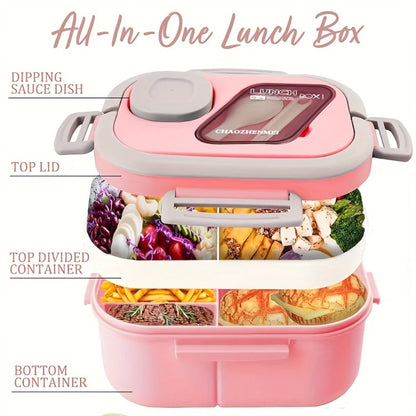 Two-Layer Bento Box Set with Multiple Compartments, Cup, Carry Bag, Cutlery and Sauce Container