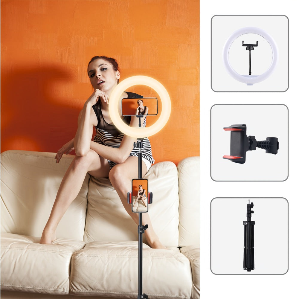 10- or 12-Inch USB Ring Light with Floor Tripod, Center Phone Holder and Three-Color Model Options