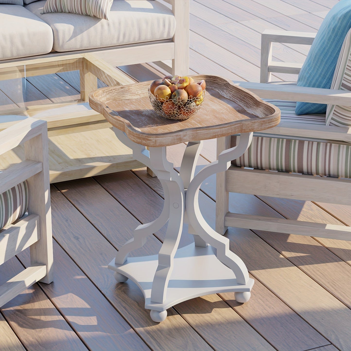 Side Table Rustic Raised-Tray Accent Design with Distressed Wood-Like Finish in Square or Round Shape