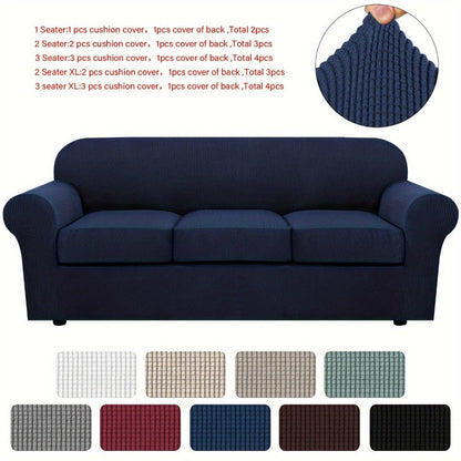 Sofa Cover Grid Jacquard Elastic Full-Cover Slipcover with Anti-Slip Fit for 1 to 3 Seats and XL Sofas