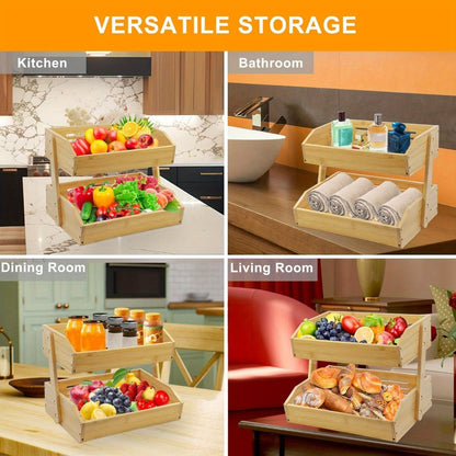 Fruit Rack Kitchen Organizer 2 or 3 Tier Natural Bamboo Freestanding Basket Shelf with Two Hooks