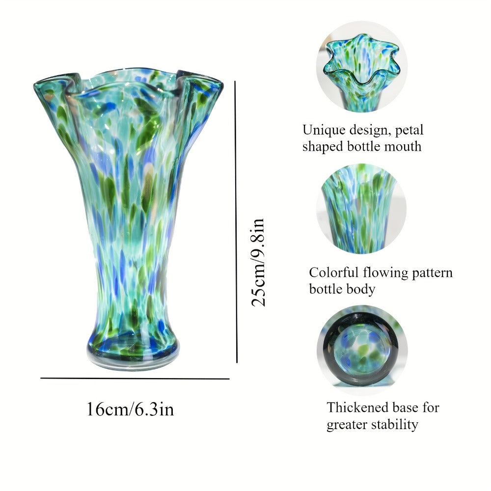 Teal Green Art Glass Flower Vase with Wide Petal-Shaped Mouth, 26 cm Height and Thick Round Base