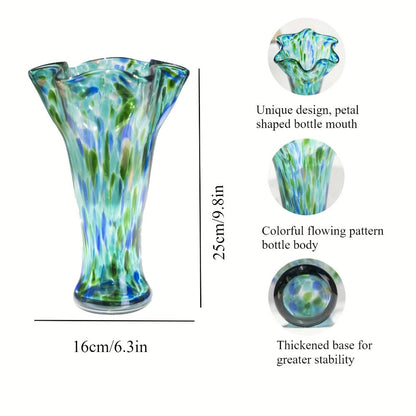 Teal Green Art Glass Flower Vase with Wide Petal-Shaped Mouth, 26 cm Height and Thick Round Base