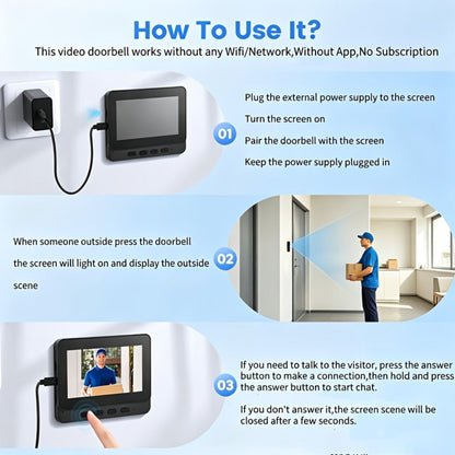 1920P Video Doorbell Camera with 4.3" Monitor & Dual Power - No WiFi No App, Battery & USB, Two-Way Audio, IR Night Vision, SD Card Storage, Wide Angle, One-Button Pairing, Black
