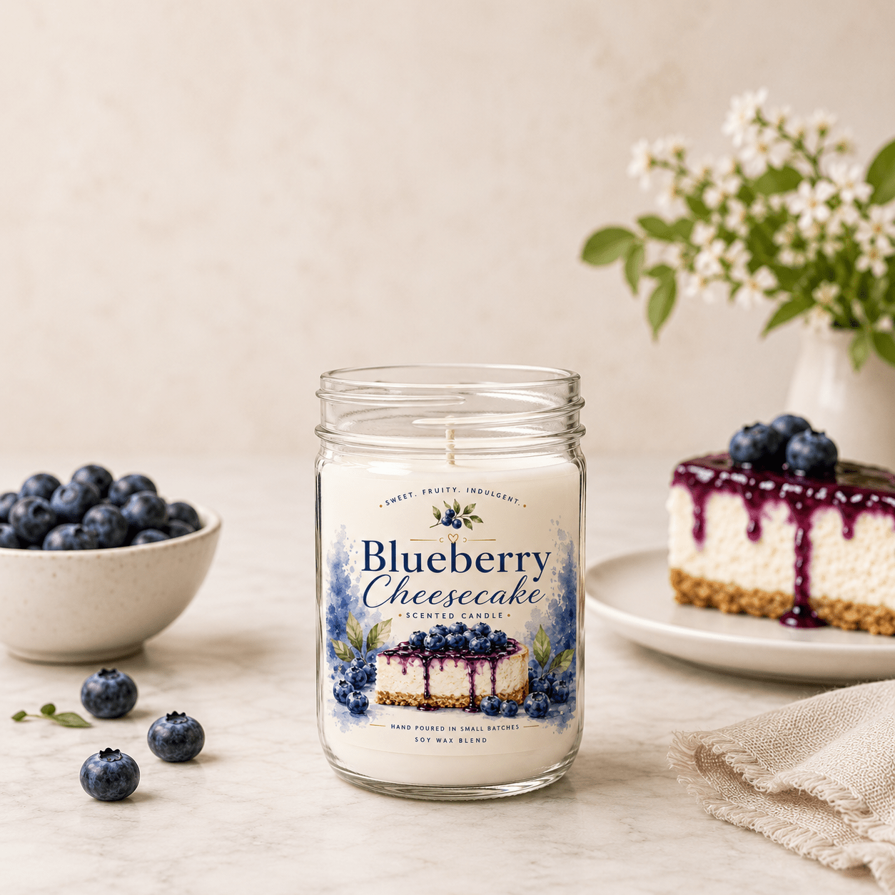 Blueberry Cheesecake Scented Soy Wax Candle – 8 oz Mason Jar | Natural Soy, Cotton Wick, Vegan, Phthalate Free | 30-40 Hr Burn | Holiday & Fall Home Decor Gift