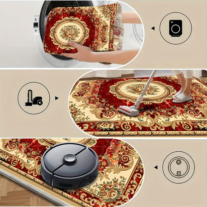 Area Rug Red Imitation Cashmere Medallion Design in Four Machine-Washable Room Size Choices