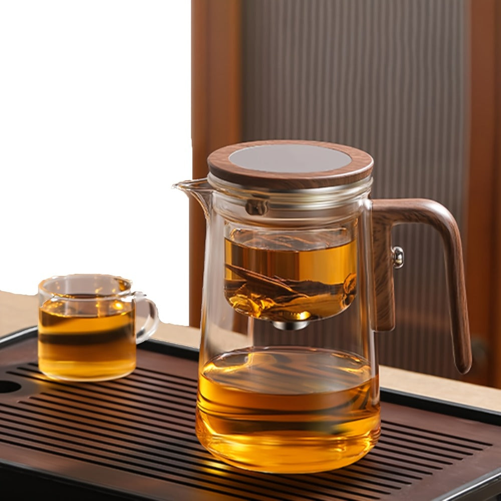 Twenty-Seven-Ounce Glass Teapot with Infuser, Wooden Handle and One-Button Tea Separation Design
