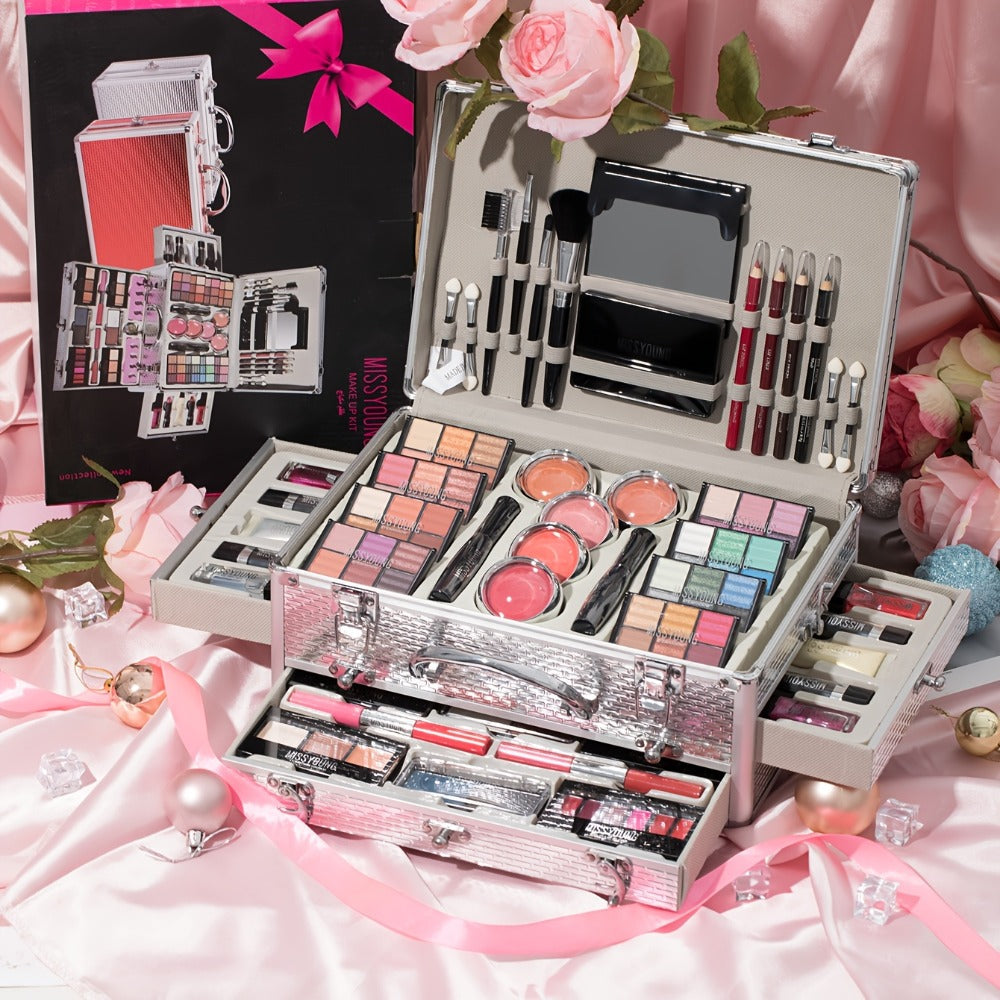 106-Piece Makeup Case Set with Red or Silver Carry Case, Fold-Out Color Palettes, Lip Products and Ten Makeup Brushes
