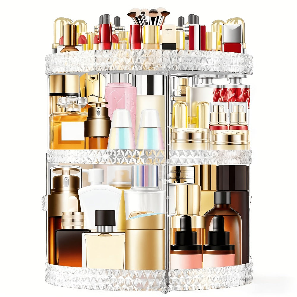 Rotating Makeup Organizer with Seven Adjustable Shelf Heights in White, Blue or Gray Checkout Options