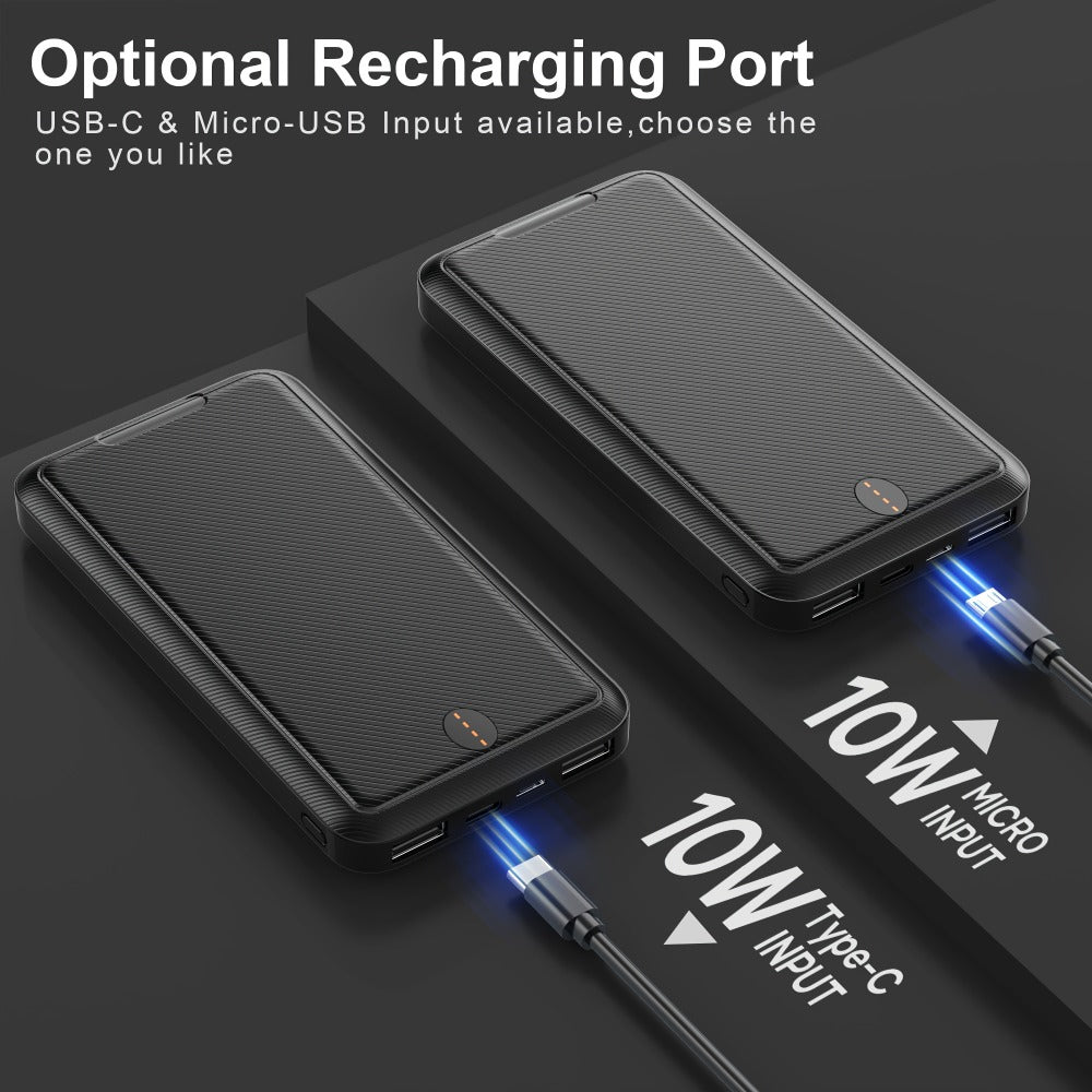 10000mAh Slim Power Bank with 5V/2A Marking, Dual USB-A Outputs and Black or White Color Options