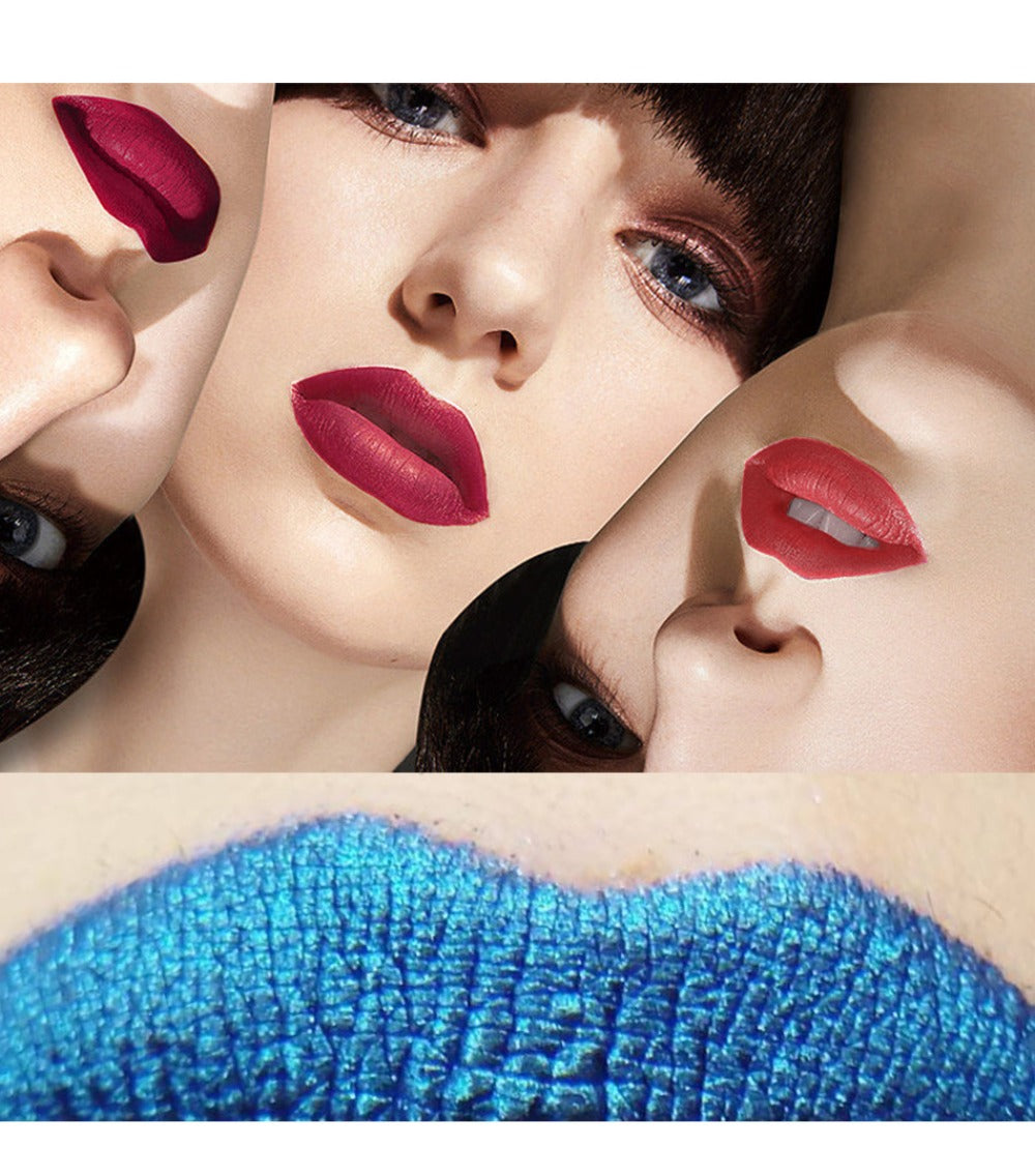 Lip Gloss Set by Fit Colors with 3 Bold Blue Matte Lip Colors and Two Retained Set Options