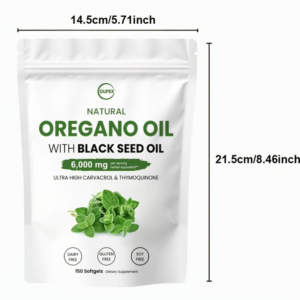 Dietary Supplement Oregano Oil and Black Seed Oil Softgels with Carvacrol and Thymoquinone, 150 Count