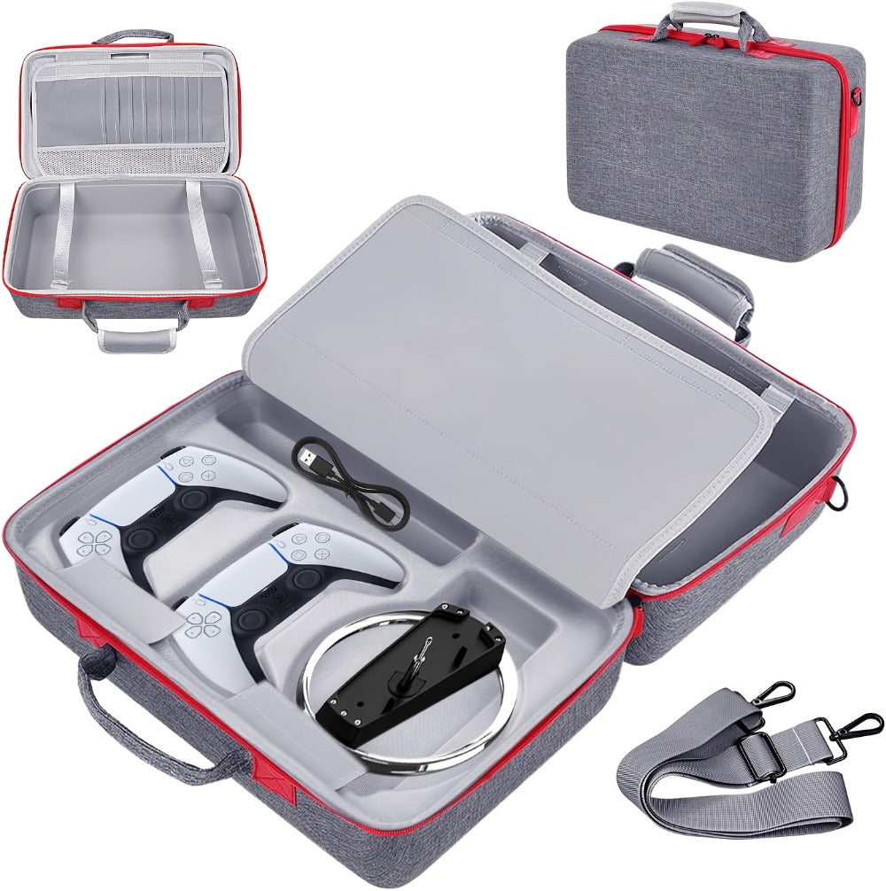 Structured Carrying Case Compatible with PS5 Slim Disc or Digital Consoles, Black or Gray with Shoulder Strap