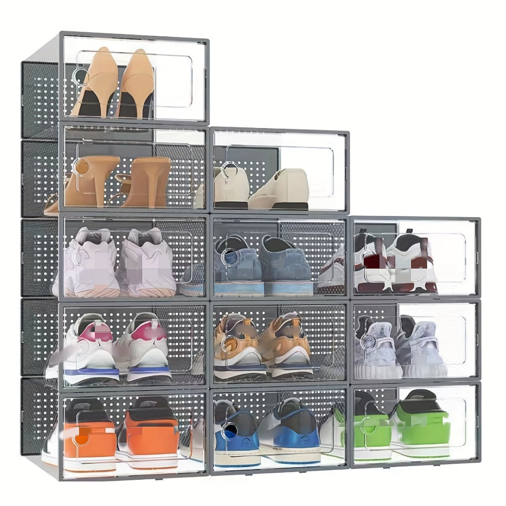 Transparent Stackable Shoe Boxes with Lid – Foldable Clear Sneaker Storage Organizer (6/24pcs)