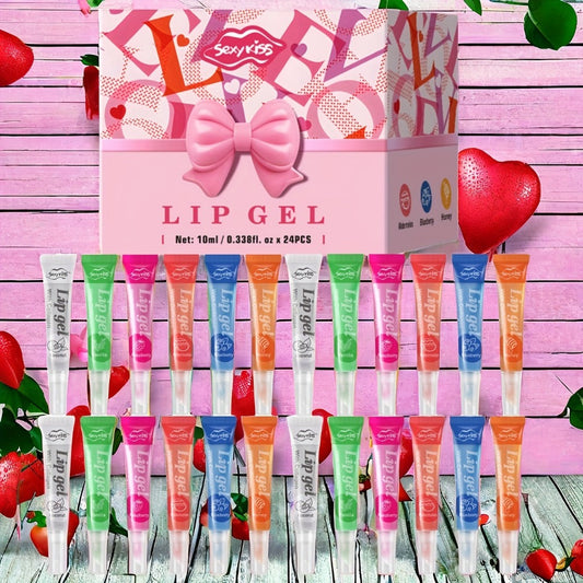 Lip Balm 24-Piece Glossy Lip Gel Collection with Assorted Fruit Labels and Pink Gift Box Packaging