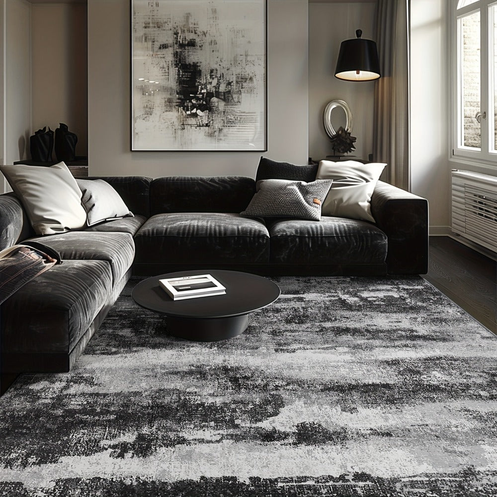 Area Rug, Dark Abstract Polyester Floor Carpet in Runner and Room Sizes with Rubber-Latex Backing and Machine-Wash Care