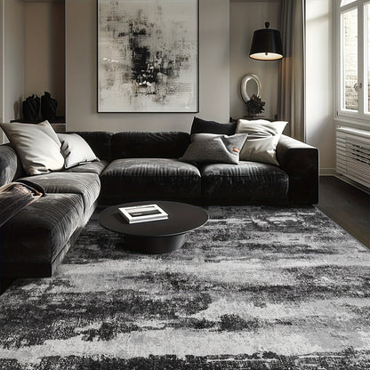 Area Rug, Dark Abstract Polyester Floor Carpet in Runner and Room Sizes with Rubber-Latex Backing and Machine-Wash Care