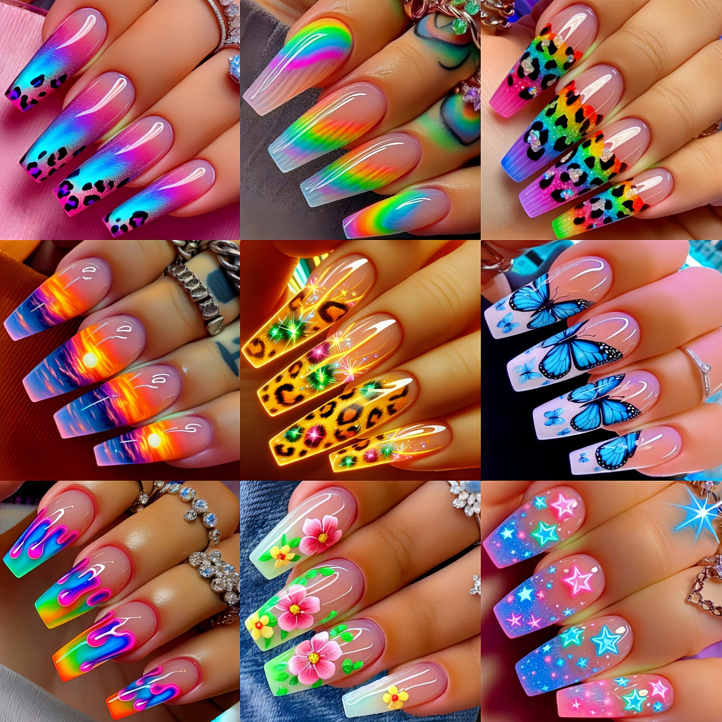 Glossy Full-Cover Nail Art Stickers, 216 Pieces in Nine Packs with Ballet, Leopard, Floral and Butterfly Designs