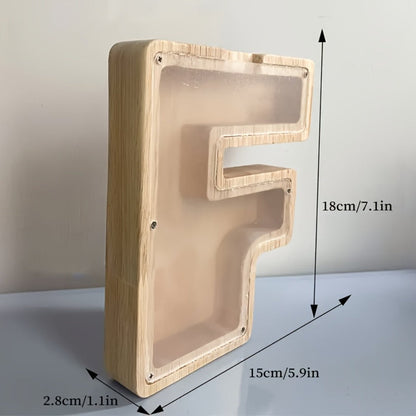 Wooden Alphabet Letter Coin Bank with Clear Front Panel, Top Slot and Eight Initial Options for Home Decor