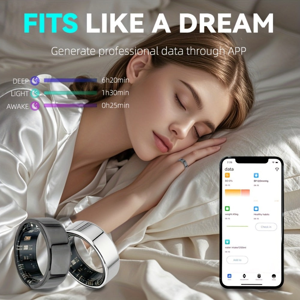 Smart Ring with Charging Case – Bluetooth 6.0 Fitness & Sleep Tracker, Steps, Calories, Remote Camera Control, iOS & Android Compatible, Sizes 7–13, Black Gold Silver