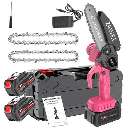 Electric Mini Chainsaw 6-Inch with Debris Guard & Toolbox - Cordless Handheld Pruning Saw with Safety Lock, Rechargeable Battery & Alloy Chain for Tree Pruning, Branch Cutting & Garden Use