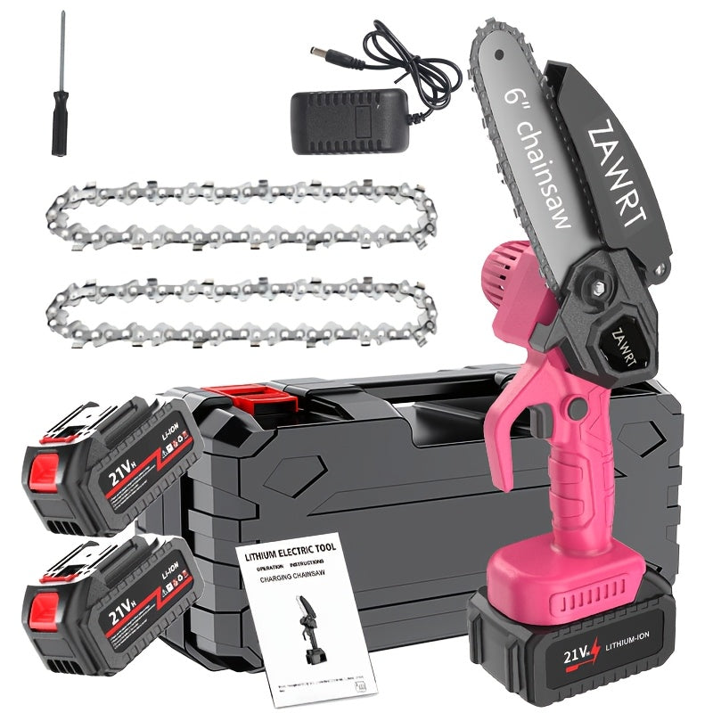 Electric Mini Chainsaw 6-Inch with Debris Guard & Toolbox - Cordless Handheld Pruning Saw with Safety Lock, Rechargeable Battery & Alloy Chain for Tree Pruning, Branch Cutting & Garden Use