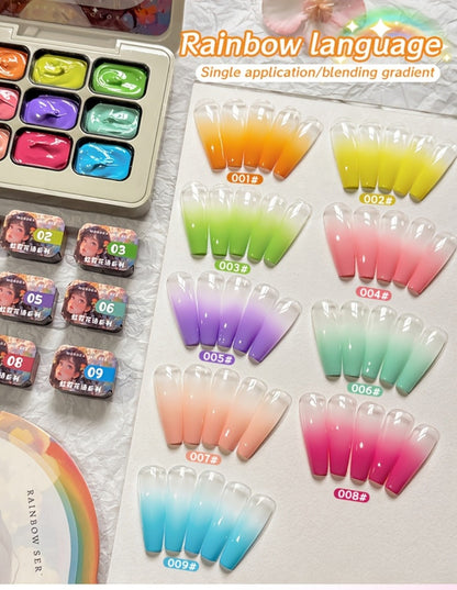 Gel Nail Polish MORDDA Nine-Color Rainbow Grid Set for Gradient and Ombre Manicure Art in One Compact Case