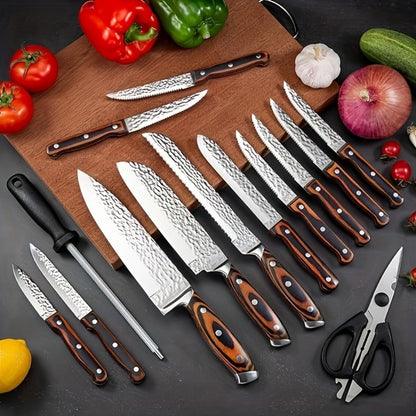 Kitchen Knife Set 15-Piece Hammered Stainless Steel with Steak Knives and Self-Sharpening Wood Block
