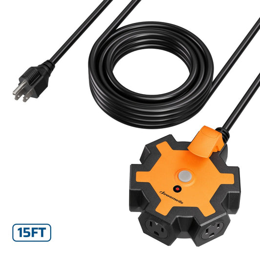 Power Strip 5-Outlet Workshop Hub with 15-Foot 14/3 AWG SJTW Cord, 15A Circuit Breaker and Swivel Covers