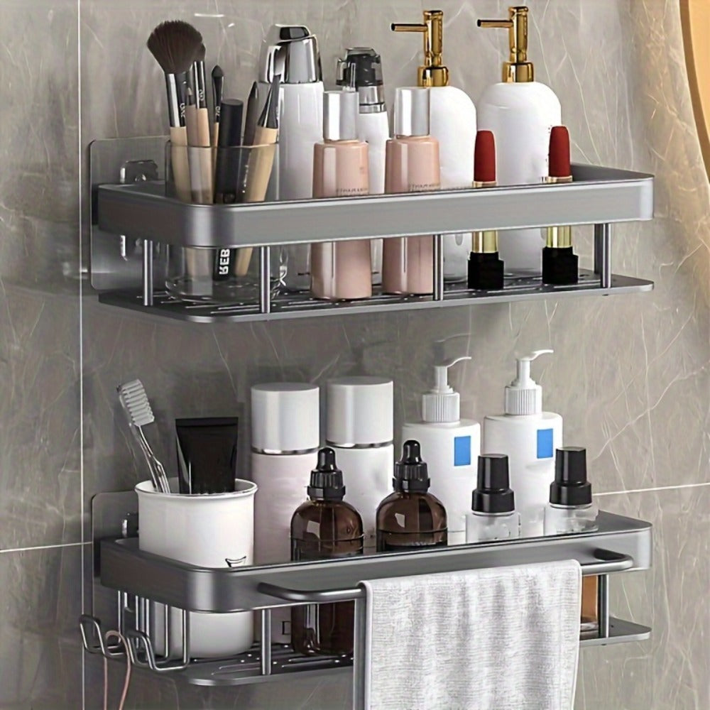 Two-Piece Metal Shower Caddy Shelf Set with Adhesive Wall Mounts in Dark Gray or Bright Black