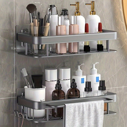 Two-Piece Metal Shower Caddy Shelf Set with Adhesive Wall Mounts in Dark Gray or Bright Black