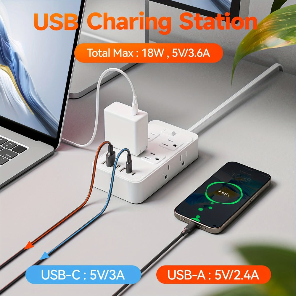 Power Strip Outlet Extender Surge Protector 8 AC Outlets 6 USB Charging Ports 4 USB-A 2 USB-C 3 Inch Short Cord Desk Charging Station for Home Dorm Office Travel White Black