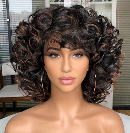 Synthetic Wig 14-Inch Jerry Curls with Wispy Bangs and 13x1 Lace Front in Three Colors for Daily Styling