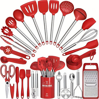Silicone Cooking Utensils Set 34 Piece with Stainless Steel Handle, Heat Resistant Kitchen Gadgets Tools for Nonstick Cookware, Spatulas Spoons Tongs Whisk Complete Kitchen Accessories Gift Set