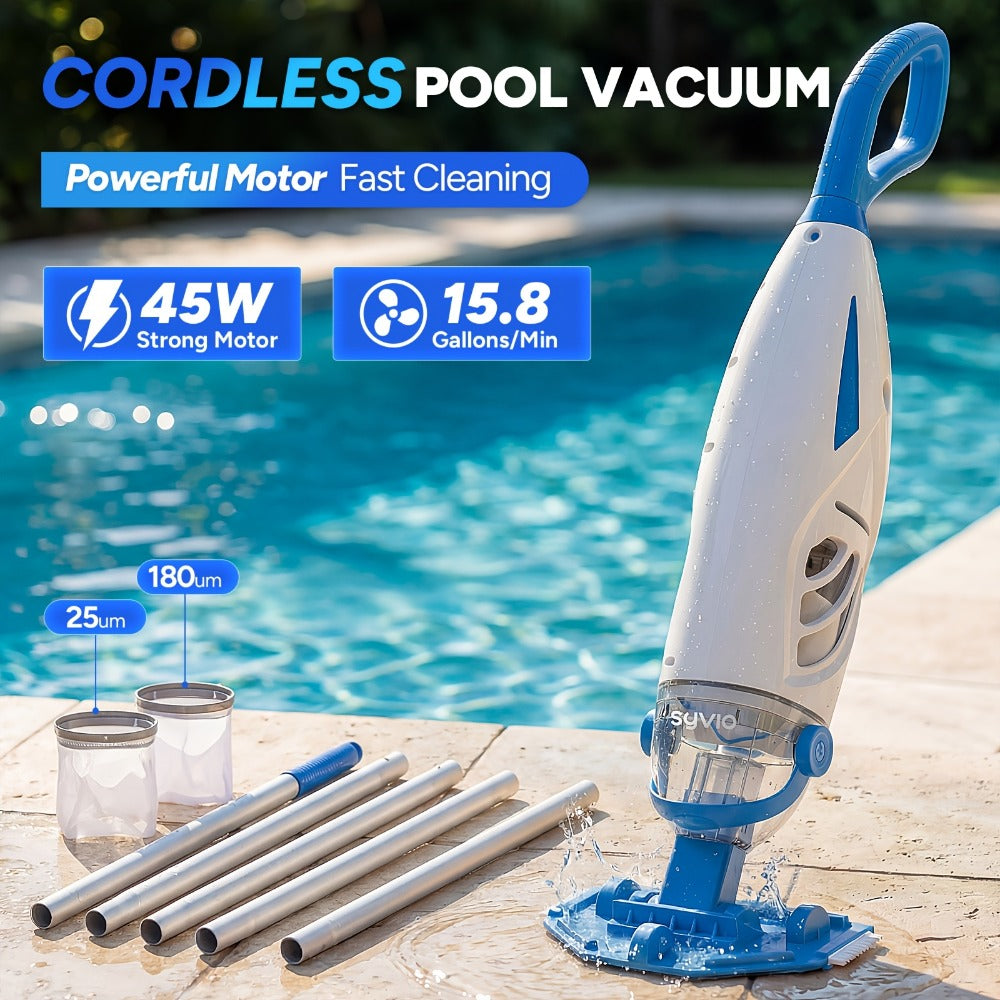 Cordless Pool Vacuum Cleaner with Telescopic Pole, 15.8 GPM Powerful Suction, 60-Min Runtime, Handheld Rechargeable Pool Cleaner for Above Ground & Inground Pools, Removes Leaves & Debris