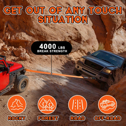 Recovery Tow Strap 4-in-1 Kit 4000-6000 LBS - Off-Road Emergency Strap with D-Ring Shackles, Safety Flag & Storage Bag for Truck, Jeep, ATV, UTV