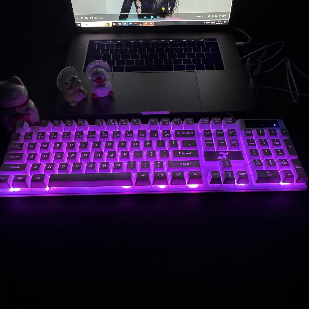 White Wired Keyboard and Mouse Set with Floating Keycaps, Volume Roller and Multiple Backlight Effects