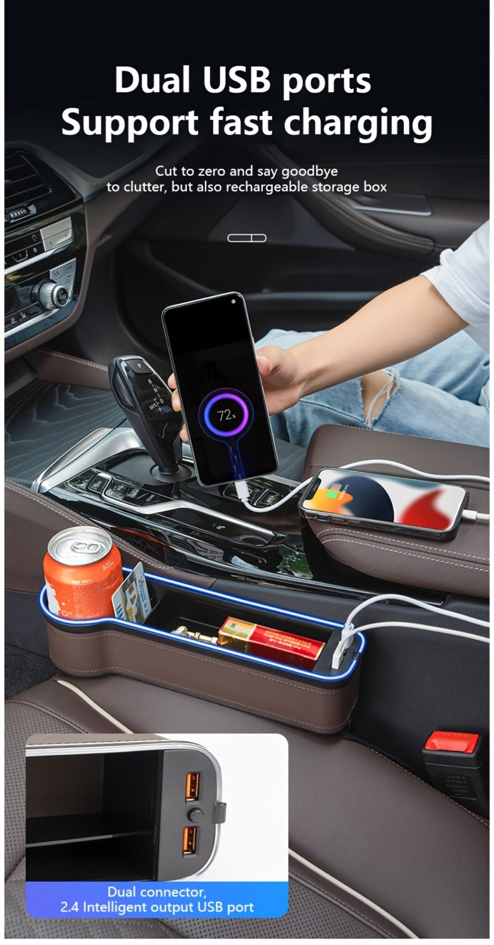 Car Seat Gap Storage Box with Phone Holder & Charger – Sundries Organizer with Ambient Atmosphere Light, Driver & Co-Pilot, 1pc or 2pc Set