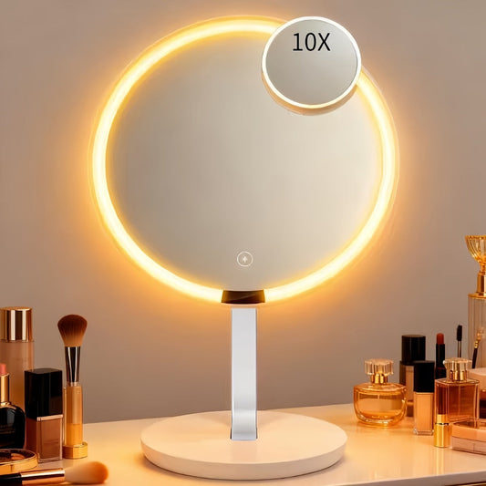 LED Makeup Mirror with Lights & 10X Magnification - Touch Dimming Desktop Vanity Mirror, Adjustable Brightness, Portable Handheld Design for Bathroom, Bedroom & Office, Ideal Gift for Women
